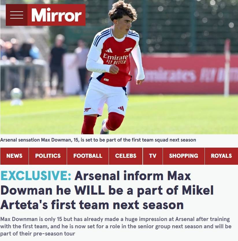 神童进厂镜报独家:阿森纳已通知15岁道曼,下赛季进入一线队